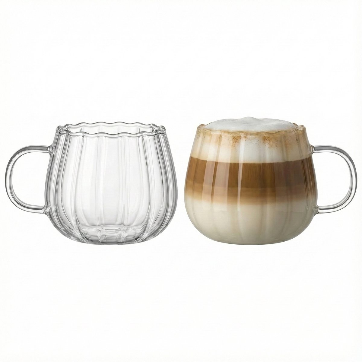 Vamora Talvi - Koffie Glazen - Thee glazen met oor - waterglazen - Latte macchiato glazen - Matcha - Geribbelde glazen - cappuccino - transparant - set van 2 stuks - 350 ml