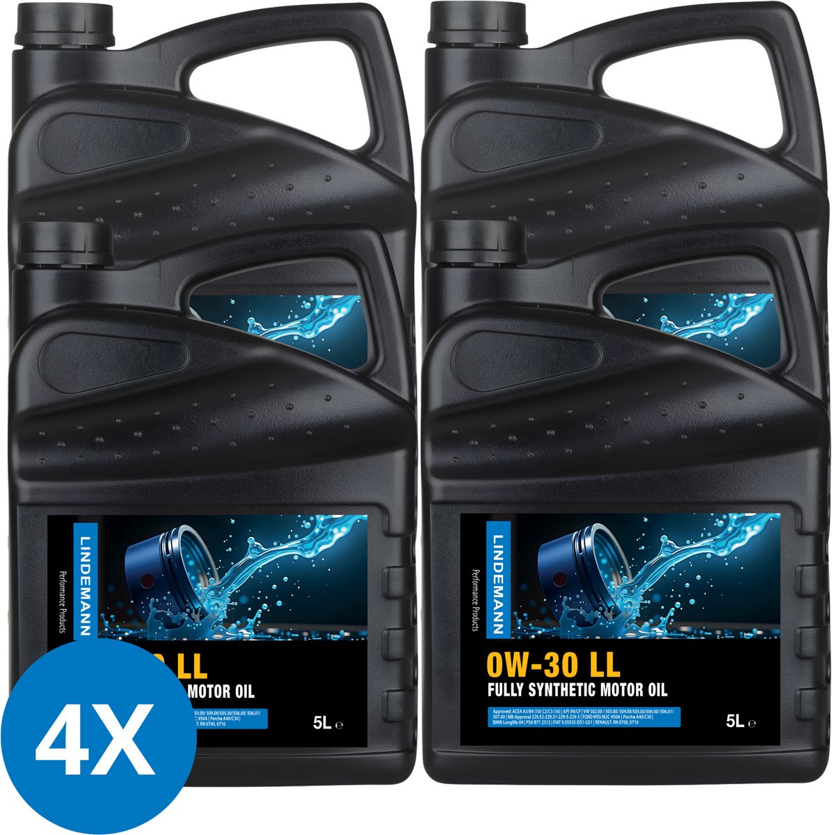 Lindemann Motorolie 0W30 Longlife - 5L (4-pack) - Brandstofbesparing - ACEA A3/B4 (’10), C2/C3 (’16) - API SN/CF - voor Benzine-, LPG- en Dieselmotoren
