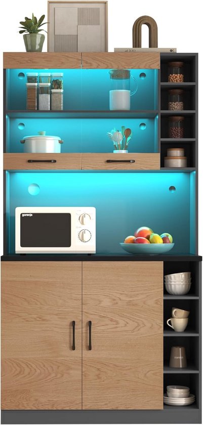 Moimhear Hoge Keukenkast 100 X 47 X 187 Cm - Buffet Met LED Sfeerverlichting, Kabelgaten En Verstelbare Opbergvakken (Grijs + Wit)