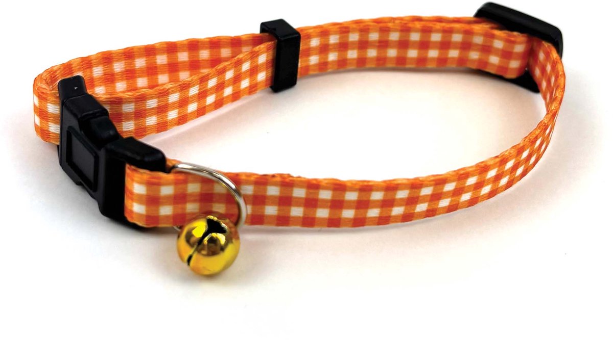 Kattenhalsband Happy Pet - Verstelbaar Ruit Oranje - Lichtgewicht 18-30x1 cm met Bel