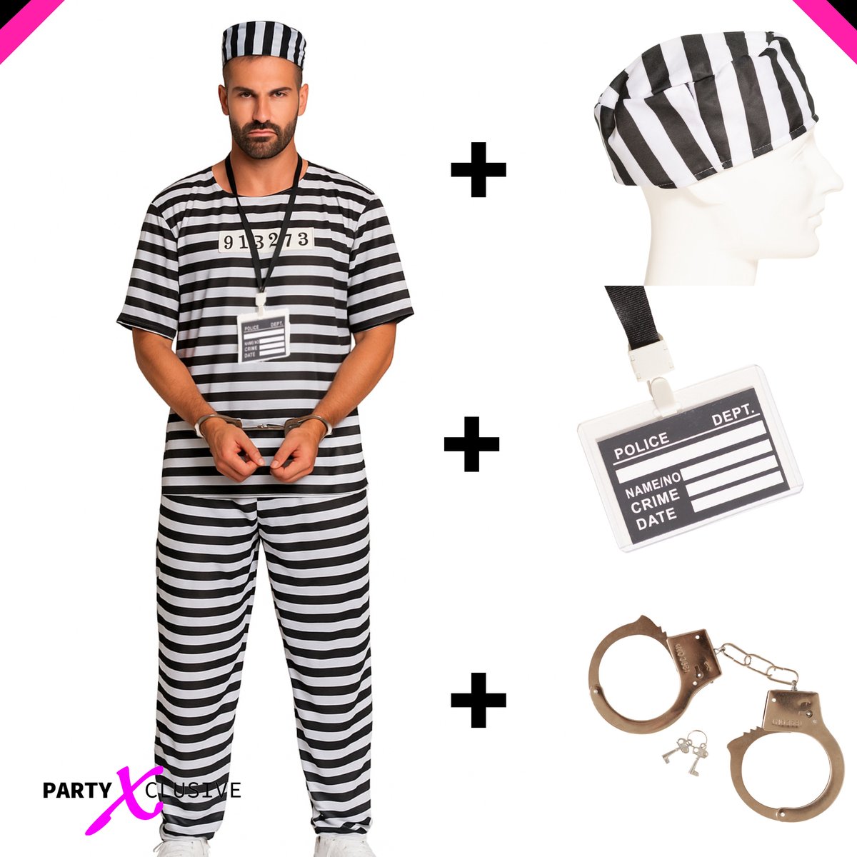 Partyxclusive 5-Delig Gevangene Kostuum gestreept Boevenpak Shirt/Broek/Hoed/Handboeien/Keycord met Badge Boef Kostuum Carnavalskleding Heren Verkleedkleren Volwassenen Carnaval Kostuum Heren- Polyester - Zwart/Wit - M