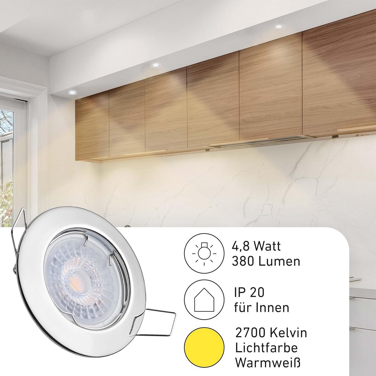 Set van 3 LED Inbouwspots Warm Wit 2700K - 4.8W Dimbaar Inbouwverlichting Chroom