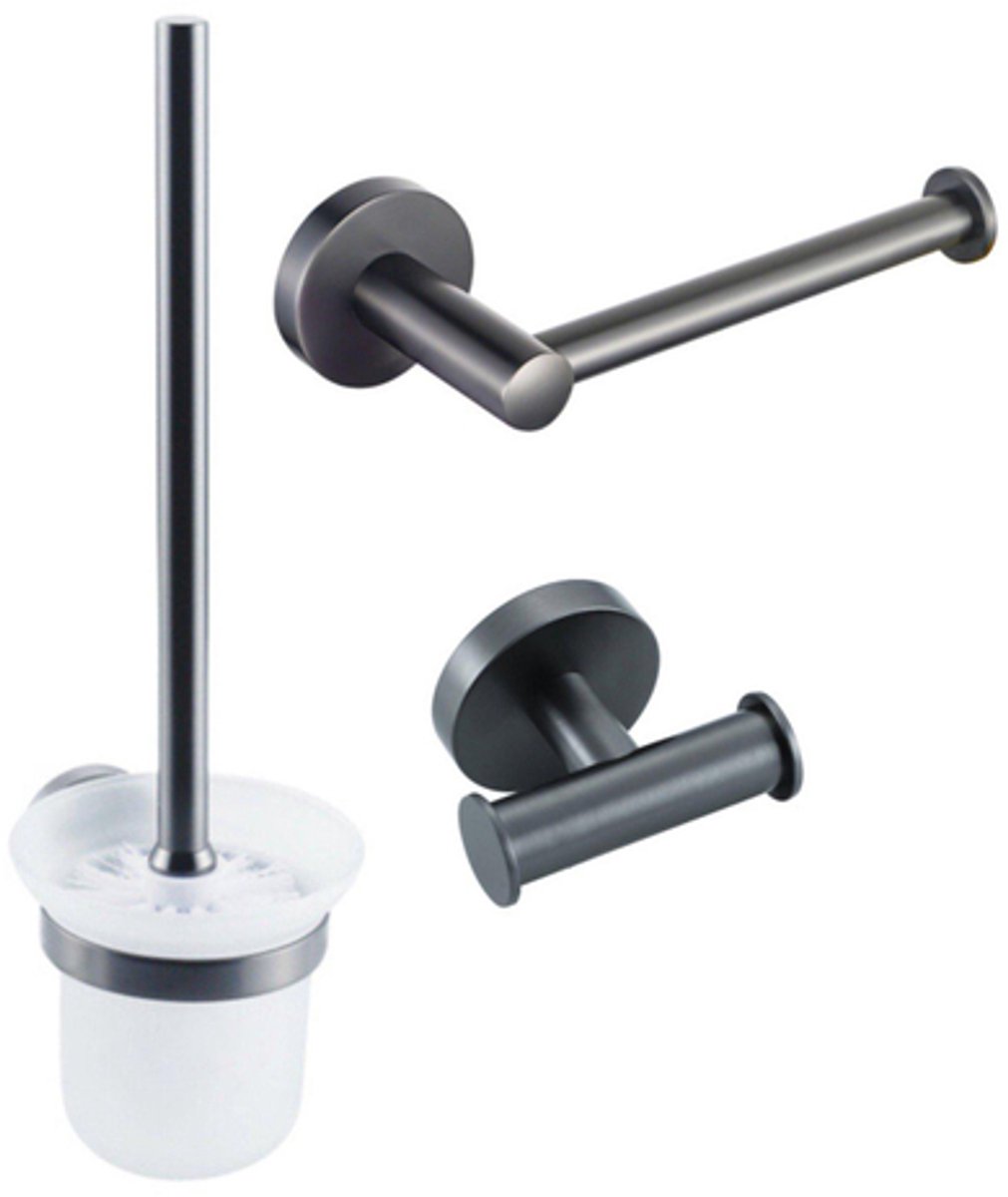 FugaFlow Eccelente Acces Toiletset 3-delig - toiletrolhouder zonder klep - toiletborstel - handdoekhaak dubbel rond - Geborsteld gunmetal PVD