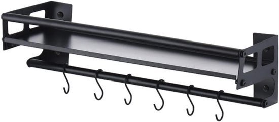 Zwart kruidenrek met bovenste plank en houder met 7 haken.