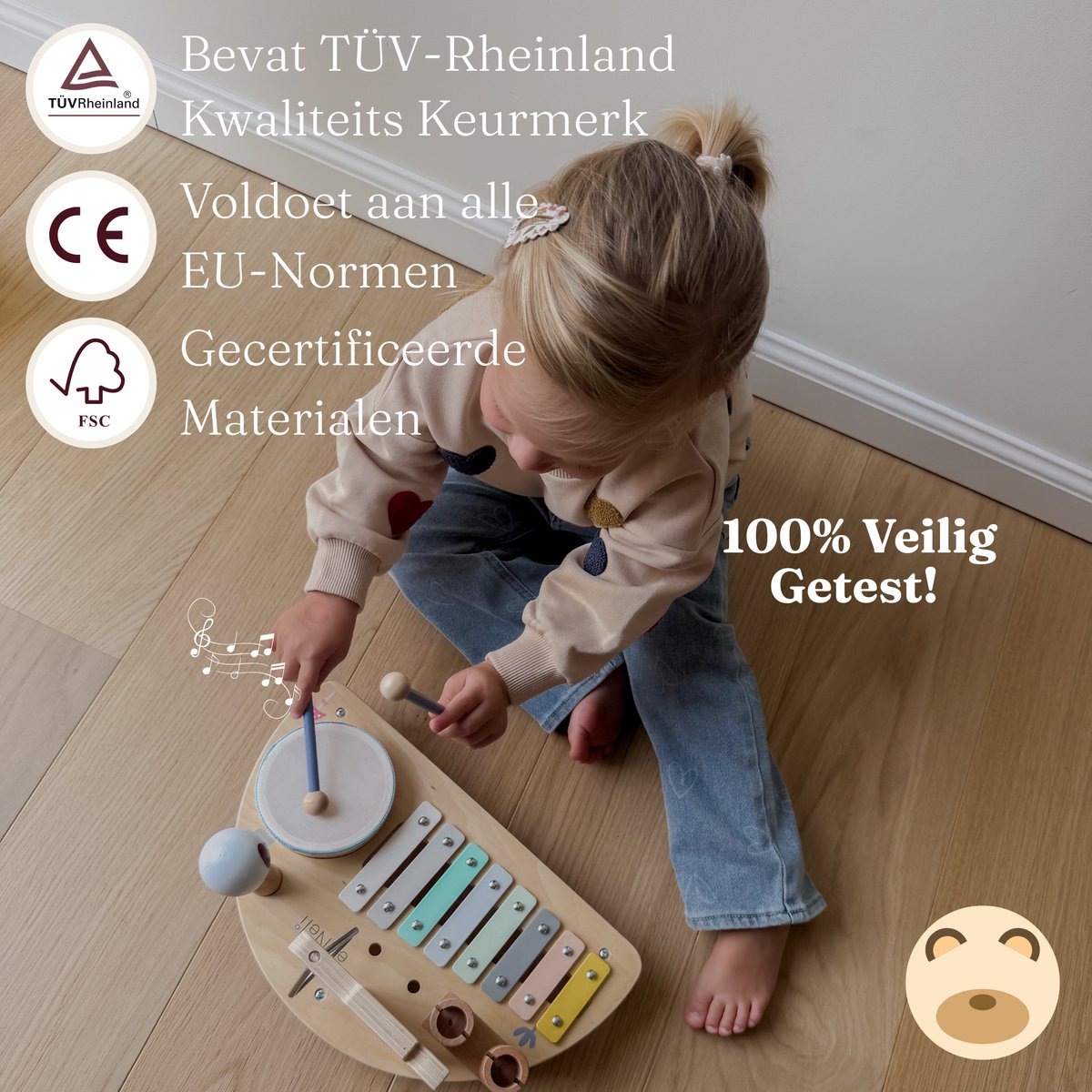 Beebie Babbels - Muziektafel - Bos Editie - Muziek Speelgoed - Houten Speelgoed - Speelgoedinstrumenten - Muziekspeelgoed 1 jaar - Met Xylofoon, Triangel en Trommel — afbeelding 4