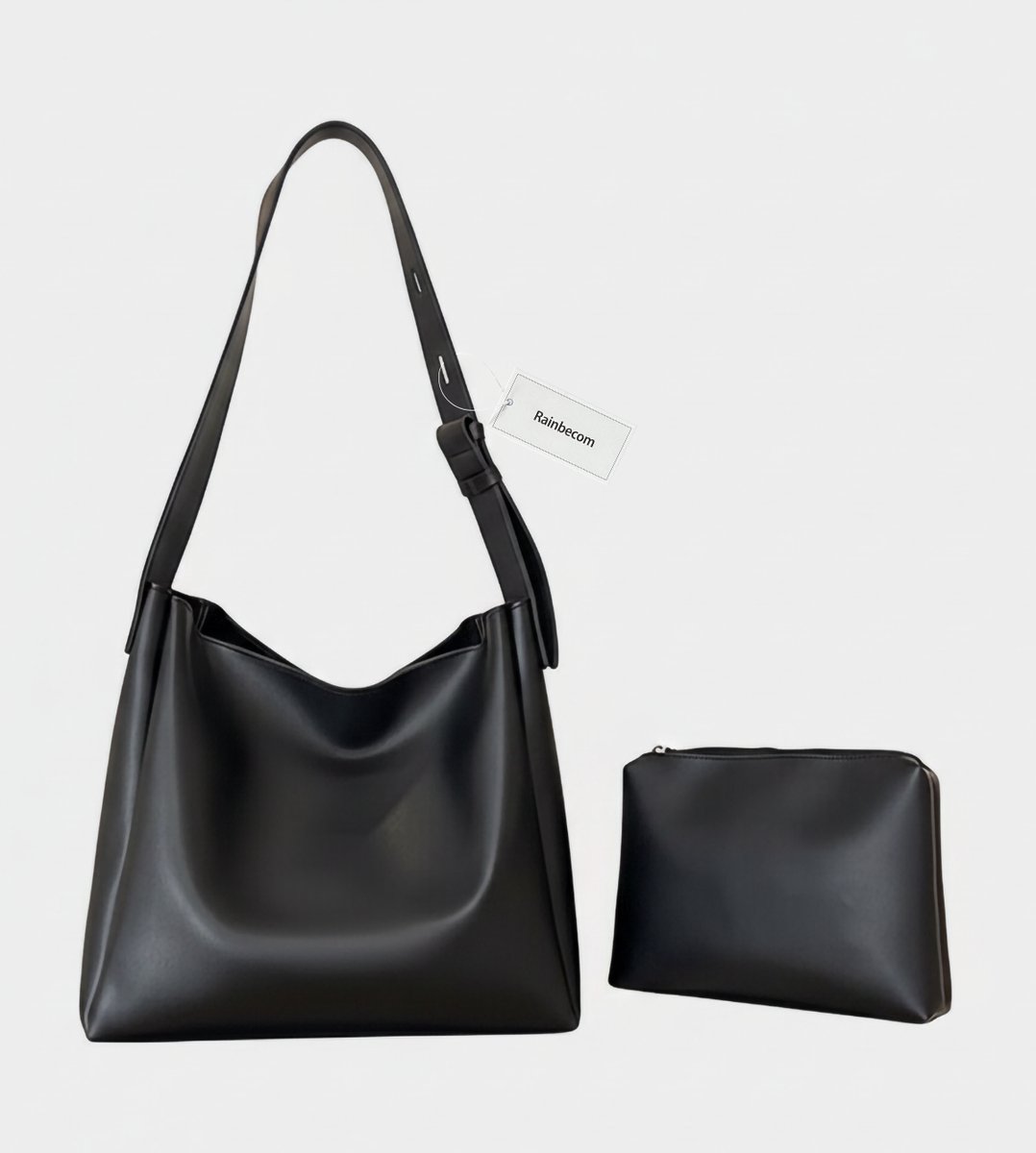 Rainbecom - Dames Schoudertas Set Tweedelige - Bucket Bag + Make-uptasje - Crossbody Tas PU-leer - Verstelbare Schouderriem - Handtas Grote Capaciteit - Zwarte Elegante Damestas