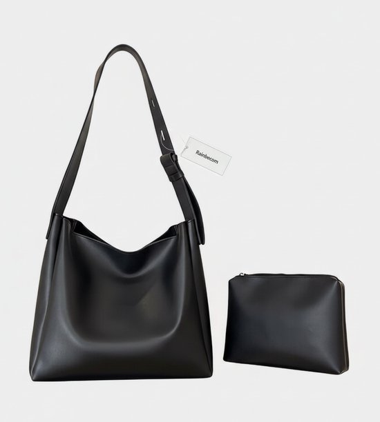 Rainbecom - Ensemble de Sac à Bandoulière Femme Deux Pièces - Bucket Bag + Trousse de Maquillage - Sac Bandoulière Cuir PU - Bandoulière Réglable - Sac à Main Grande Capacité - Élégant Sac Femme Noir