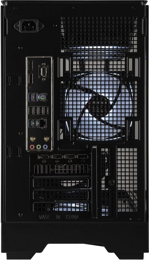 Achterkant van een computerbehuizing met diverse aansluitingen, waaronder USB, HDMI en audiopoorten. 'Made in China' is zichtbaar.