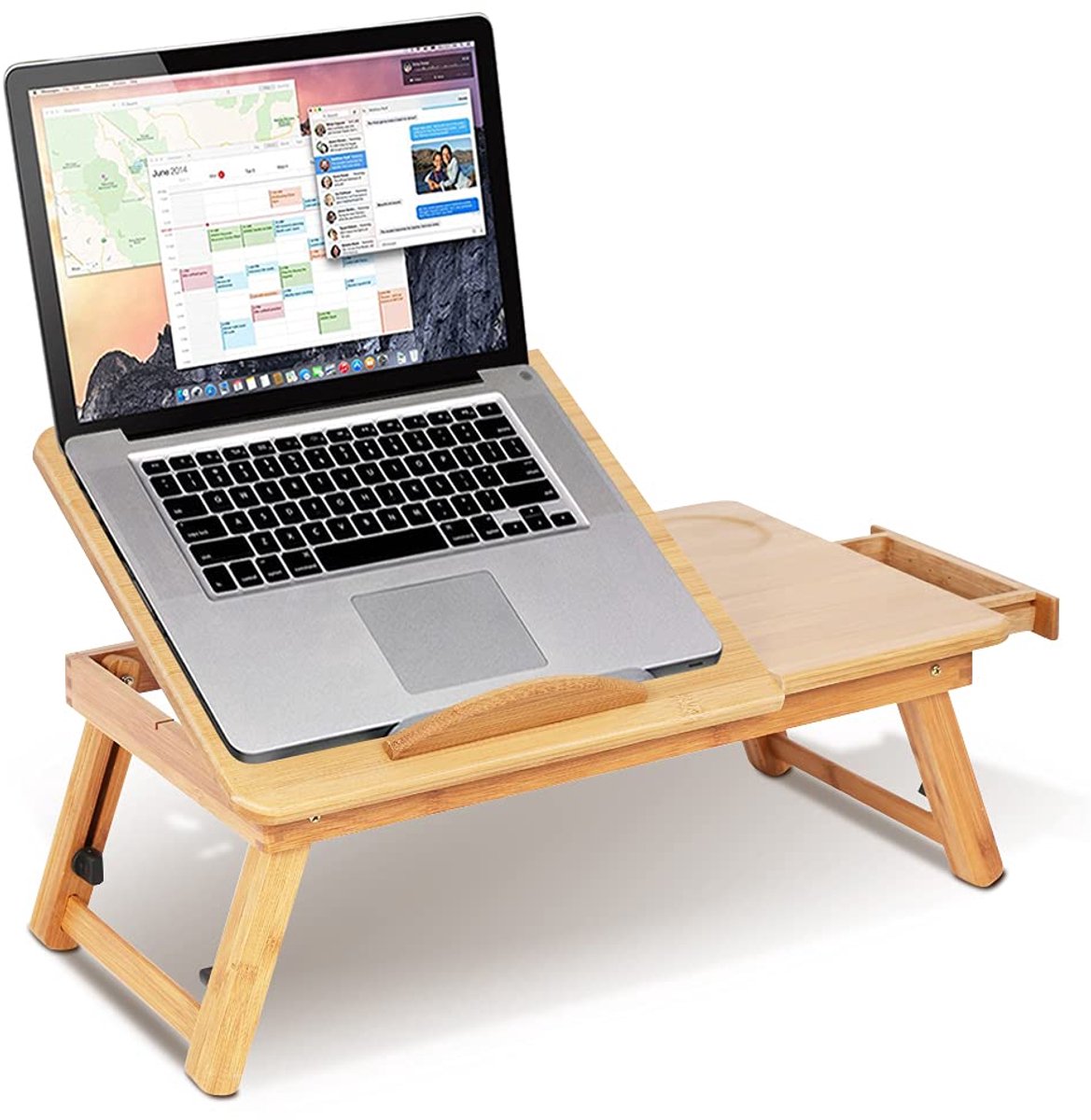 Laptoptafel, bureau, bamboe, in hoogte verstelbaar, opvouwbare laptoptafel, bedtafel, laptopstandaard met lade en ventilatiesleuven, ontbijtdienblad voor bed of bank
