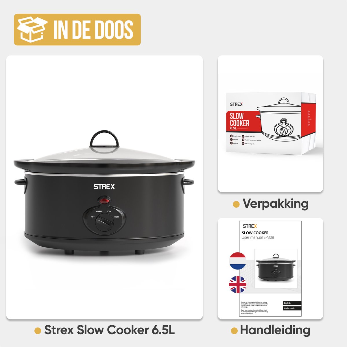 Strex Slowcooker 6.5L - 3 Standen - Met Uitneembare Keramische Binnenpan & Warmhoudfunctie - Zwart – foto 8