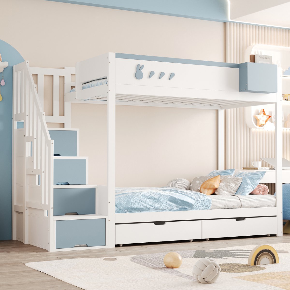 Wishdor Stapelbed 90x200 cm - Konijnen- & Wortelmotief - Opbergladder & Lades - Wit/Blauw Hout - Schattig & Compleet Wit+Blauw