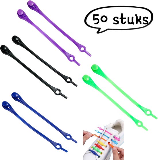 Verschillende kleuren elastische siliconen veters: paars, zwart, groen en blauw. Tekstballon met '50 stuks'.