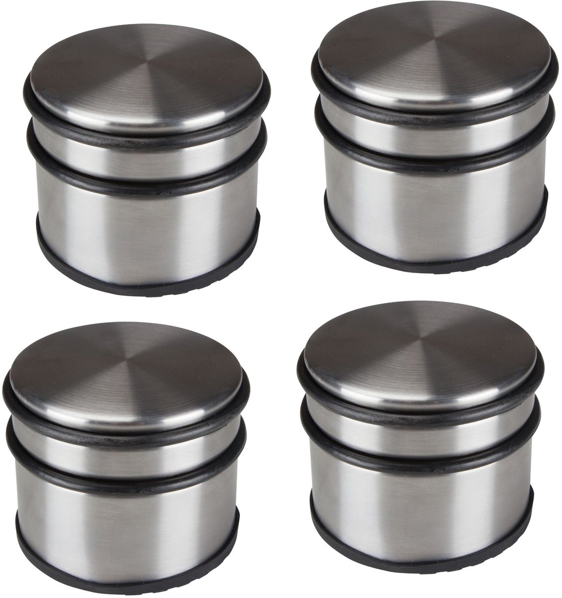 Perel Deurstopper vloer, set 4 stuks, roestvrij staal, 1,1 kg zwaar, zonder boren, antislip rubberen ring tegen krassen, rond zilvergrijs, Ø9x7,5cm, vrijstaand deurbuffer