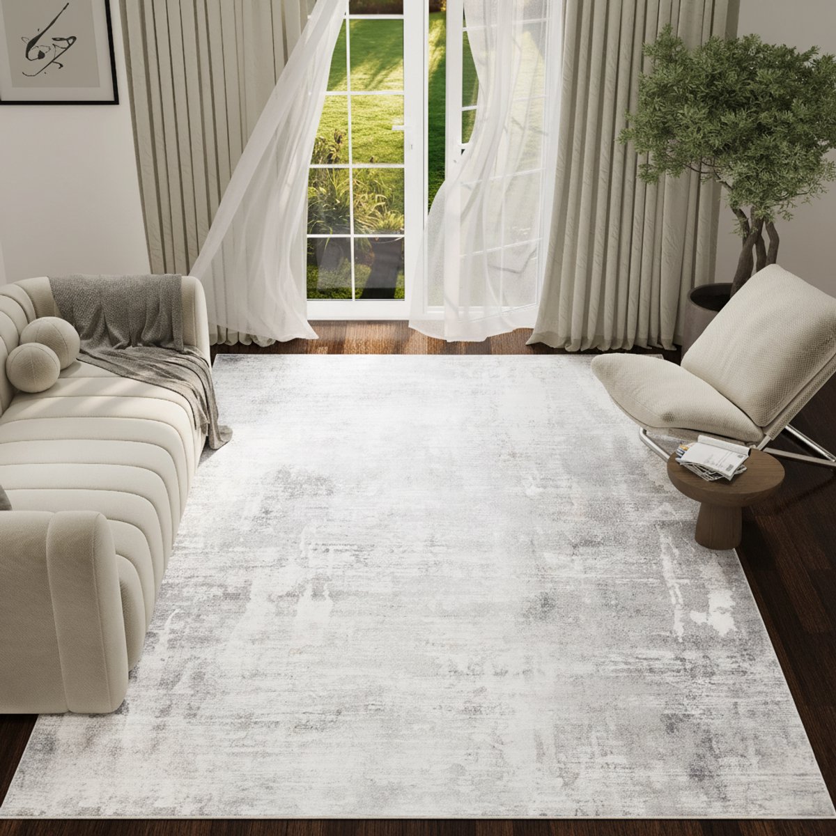 Tapiso ASH Vloerkleed Lichtgrijs Abstract Vintage Design Laagpolig Tapijt Voor Woonkamer Slaapkamer en Hal Antislip - 180x250