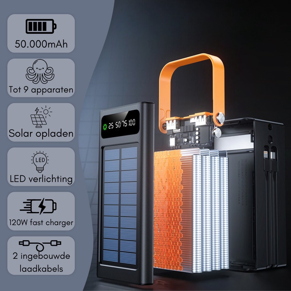 Caryota Solar Powerbank 50.000 mAh met Snellader 120W - afbeelding 2