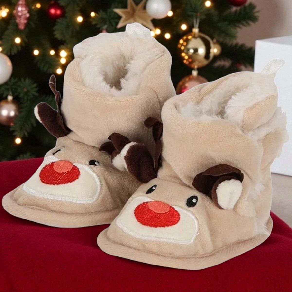 Babyslofjes Rendier – Maat 20-21 – Feestelijk Kerstcadeau met Plexiglas Kerstbal “My First Christmas”