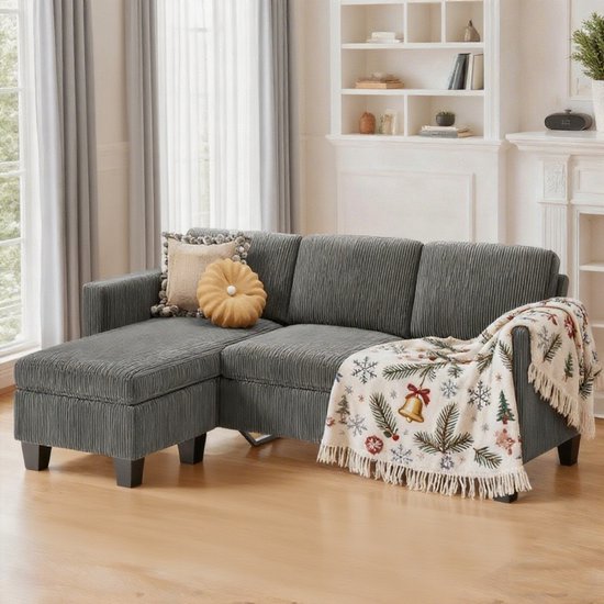 Canapé d'angle Bealife AR93 - Canapé en L - Velours côtelé - 4 places - 188 x 137 x 89 cm - Gris foncé