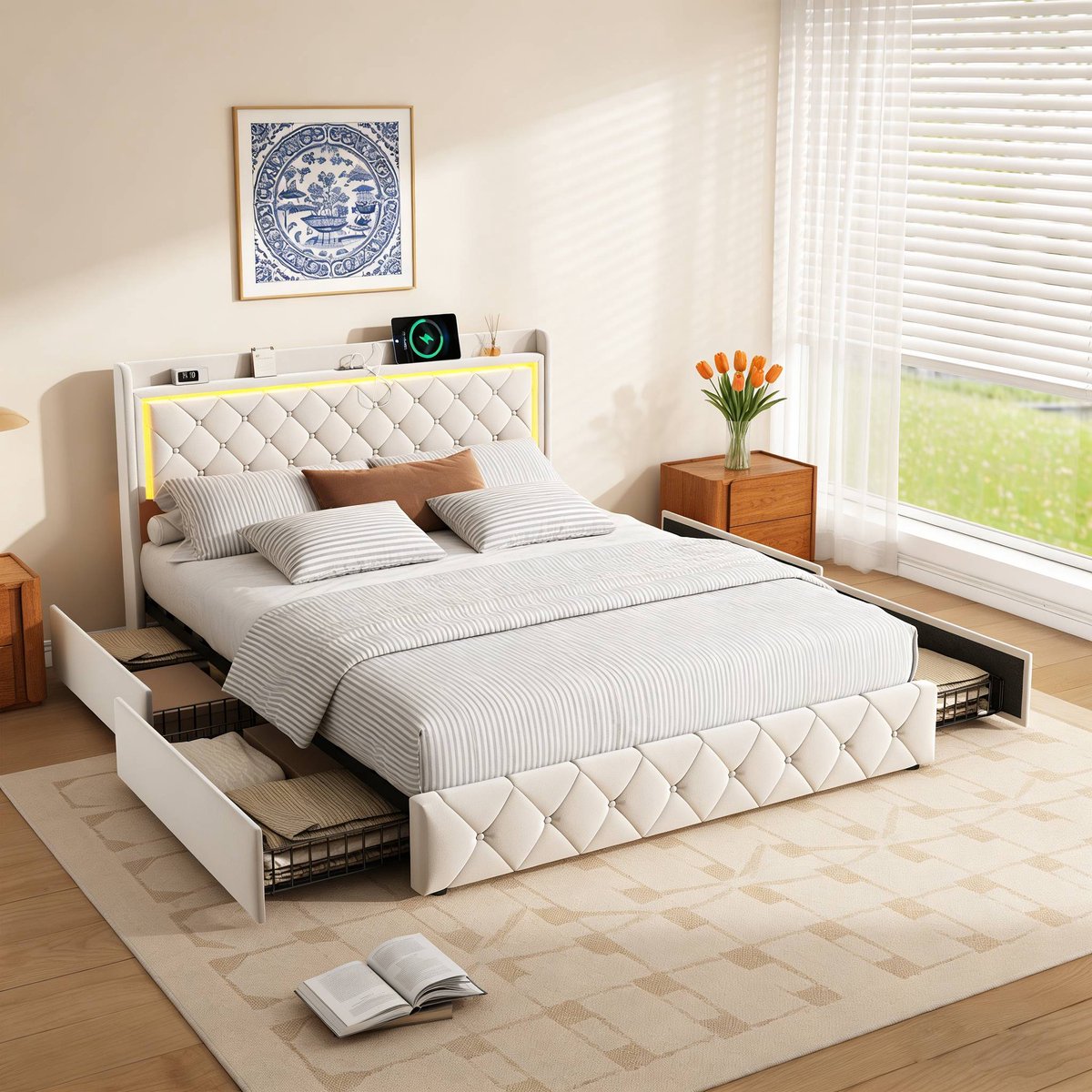 BursDany Tweepersoonsbed 140x200 cm met RGB LED-verlichting, USB/Type-C-poorten, 2 opberglades en lattenbodem, voor volwassenen en tieners, Velours Beige (Zonder Matras)