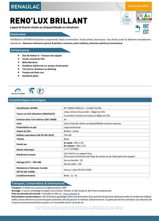 Renaulac - Peinture laque hybride - Brillant - 1l