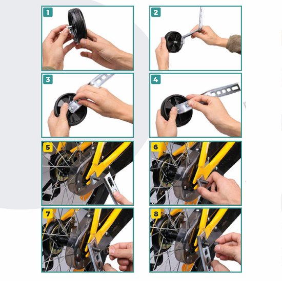 Instructies voor het monteren van zijwieltjes op een fiets.