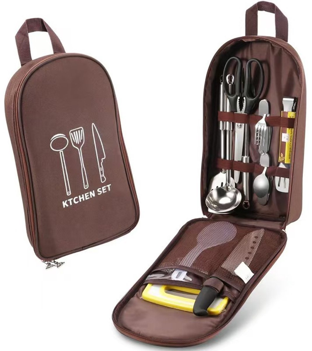 longziming -Draagbare opbergtas voor kookgerei voor buiten - Camping reis kookgerei opbergtas - - Geschikt voor buiten BBQ kamperen - 36*22.5*5cm - Bruin