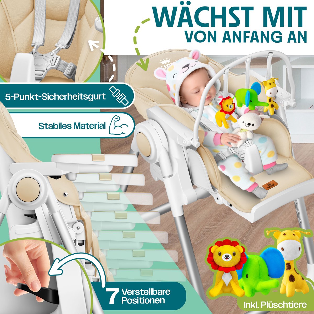 KIDIZ® 3in1 kinderstoel incl. speelbar, Eetstoel, Babystoel, combinatie kinderstoel, 7 in hoogte verstelbare rugleuning, meegroei van 0 maanden tot 6 jaar - Beige thumbnail 5
