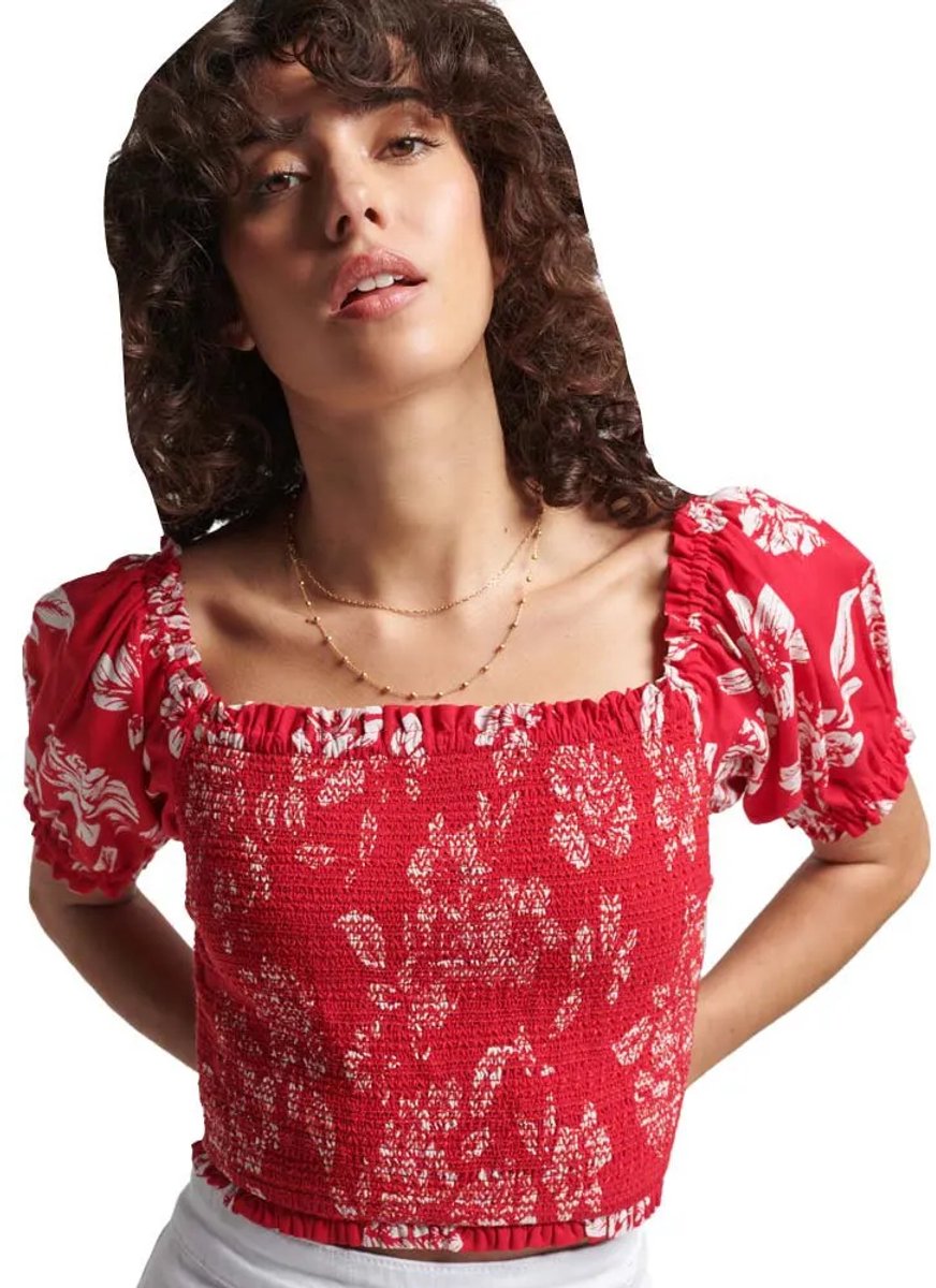 Superdry Vintage Smocked Crop Korte Mouw Top L Vrouw Rood