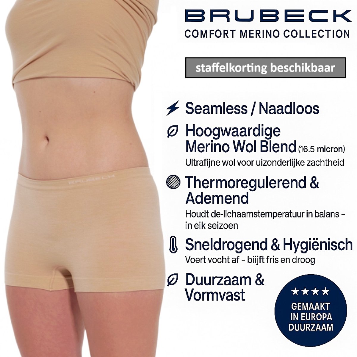 Brubeck Dames Boxershort – Merino Wol Blend Naadloos Ondergoed - Beige L
