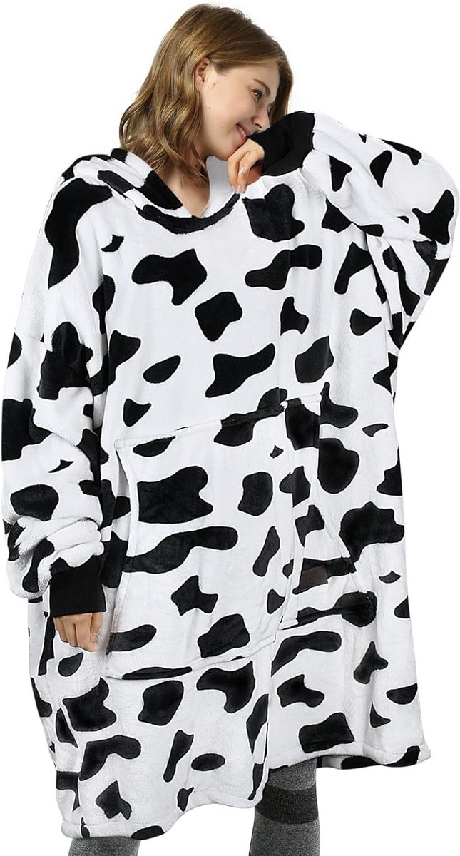 Extra grote fleece capuchondeken voor volwassen en kinderen - warm, draagbaar en met voorzak - koeien-print