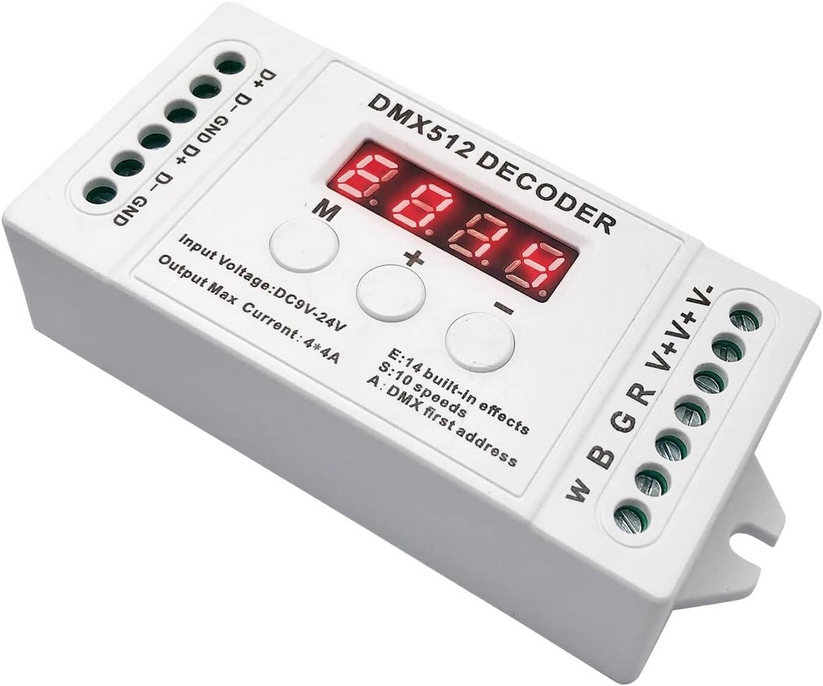 4-kanaals DMX decoder voor RGB/RGBW LED-strips met digitaal display en mini dimmerdriver