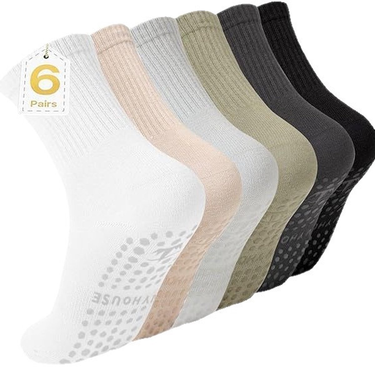 Kraftverdia Sokken Dames Antislip 6-Pack – Damessokken – 6 Paar Lichte Kleuren Noppen Design – Eén Maat – Huissokken Dames anti Slip – Gripsokken voor Yoga Pilates Ballerina Ballet