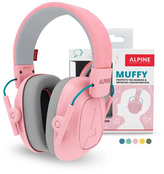 Roze Alpine Muffy gehoorbescherming voor kinderen, met zachtroze hoofdband en grijze oorkappen. De verpakking is bijgevoegd.