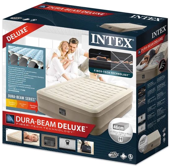 L'emballage d'un matelas pneumatique Intex Dura-Beam Deluxe. Montre un couple sur le lit et des détails sur la technologie Fiber-Tech.