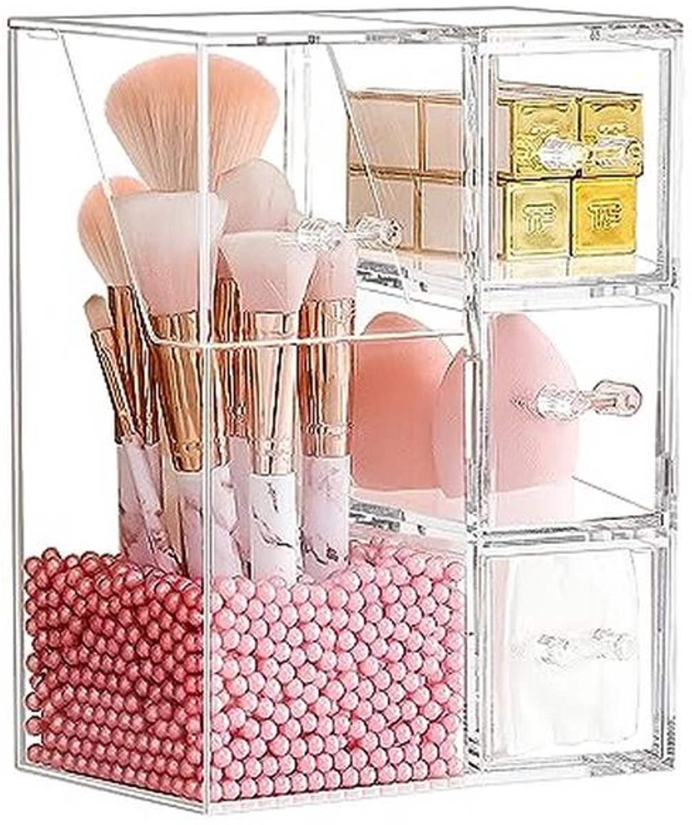 Make-up Borstel Organizer en Opslag Beker - Transparant met Roze Parel