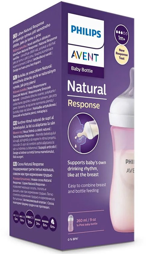 Philips Avent Natural Response Babyfles 260 ml – Flow 3 – Roze-1 fles - SCY903/11