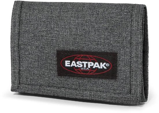 Portefeuille Eastpak gris avec logo noir, vu de trois quarts avant.
