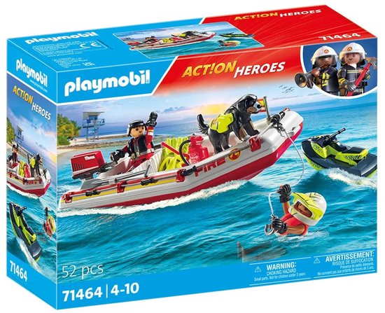 Verpakking van de PLAYMOBIL brandweerboot set met reddingshond, waterscooter en duiker.