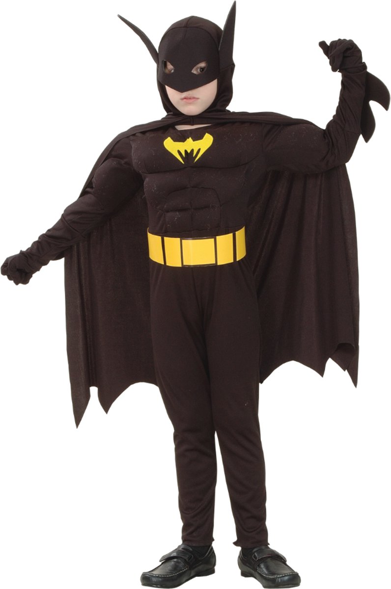 Joya Kids® Superheld Verkleedpak Kind Vleermuis | Carnavalskleding | Zwart Spierpak met Cape & Masker | Superhelden Verkleedkleding Carnaval Jongens | Inclusief Gele Riem | Verkleedkleren Kinderen Bat | | | Small