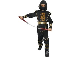Joya Kids® Ninja Verkleedpak Kind Zwart | Zwarte Ninja Outfit Gouden Details Jongen | Incl Shirt, Broek, Masker & Accessoires | Verkleedkleding Jongens Carnaval | Carnavalskleding kinderen | Verkleedkleren | Maten 110 - 120 | 4-6 Jaar | Small