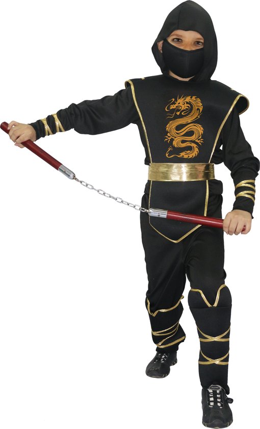 Joya Kids® Ninja Verkleedpak Kind Zwart | Zwarte Ninja Outfit Gouden Details Jongen | Incl Shirt, Broek, Masker & Accessoires | Verkleedkleding Jongens Carnaval | Carnavalskleding kinderen | Verkleedkleren | Maten 110 - 120 | 4-6 Jaar | Small