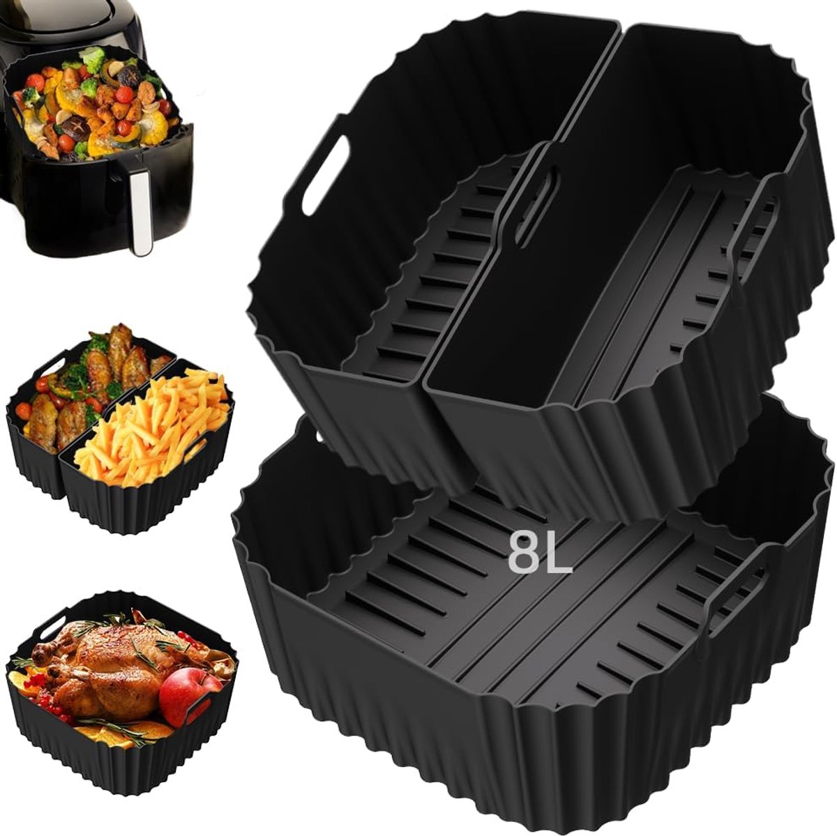 Famanu – Siliconen vorm voor heteluchtfriteuse XXL 8 liter - extra groot airfryer inzetstuk - flexibel siliconen materiaal - voorkomt aanbakken en is makkelijk schoon te maken