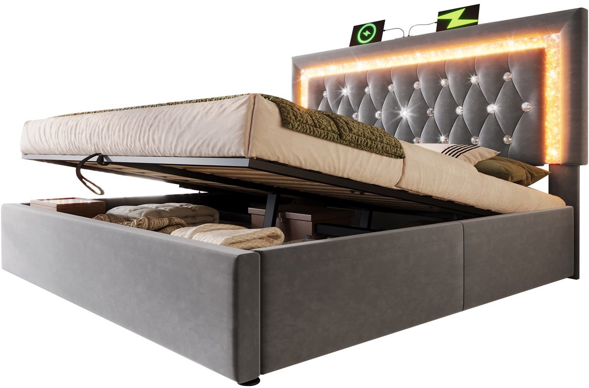 Merax Gestoffeerd Bed 160x200 cm - Fluweel - Bed met Opbergruimte - Hydraulisch Liftmechanisme - LED Verlichting met Afstandsbediening - USB & Type-C Oplaadstation - Houten Lattenbodem - Grijs - Zonder Matras
