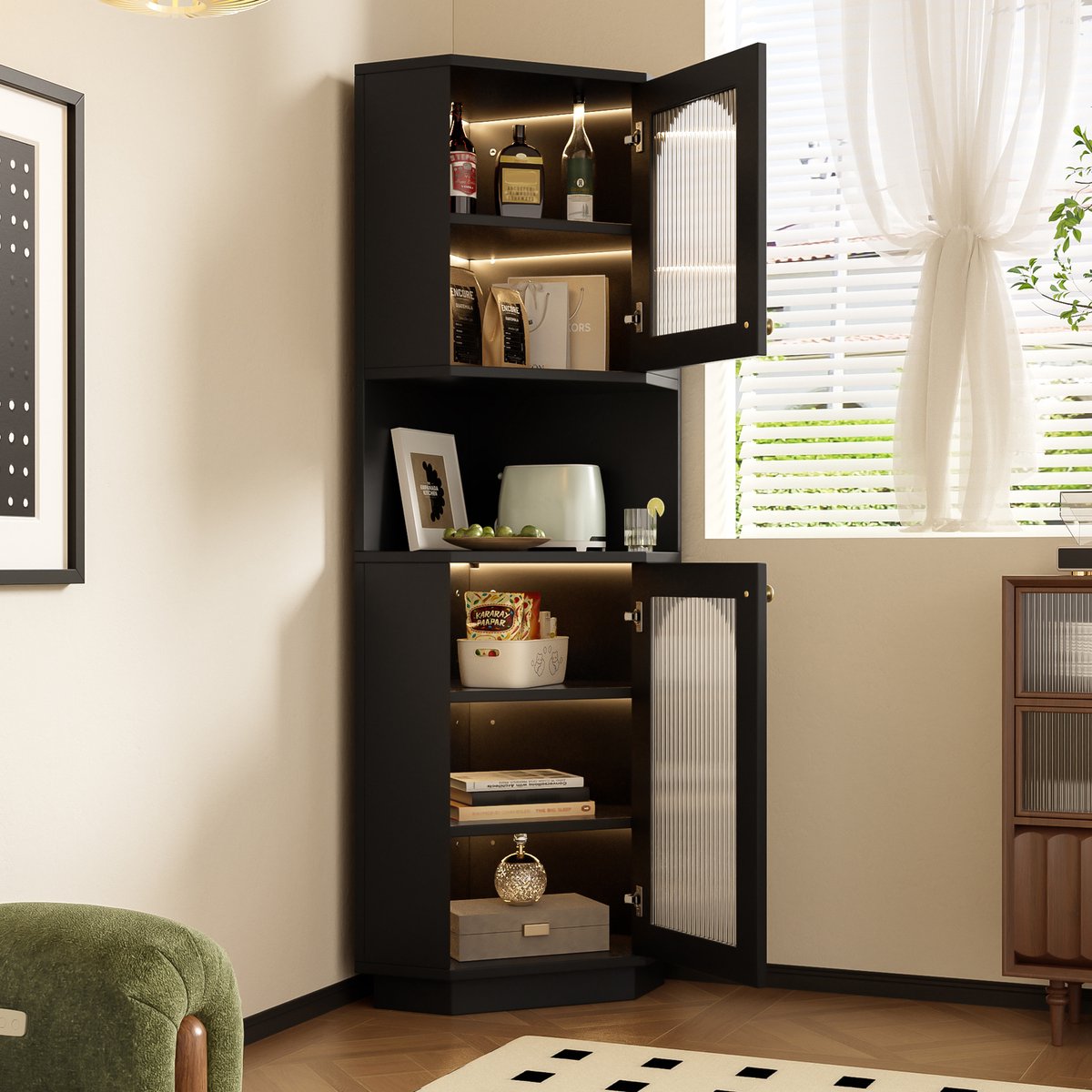 Badschrank - 45 x 45 x 166,5 cm - Lichtleiste - Verstellbare Regale - Zwart - Badmeubel