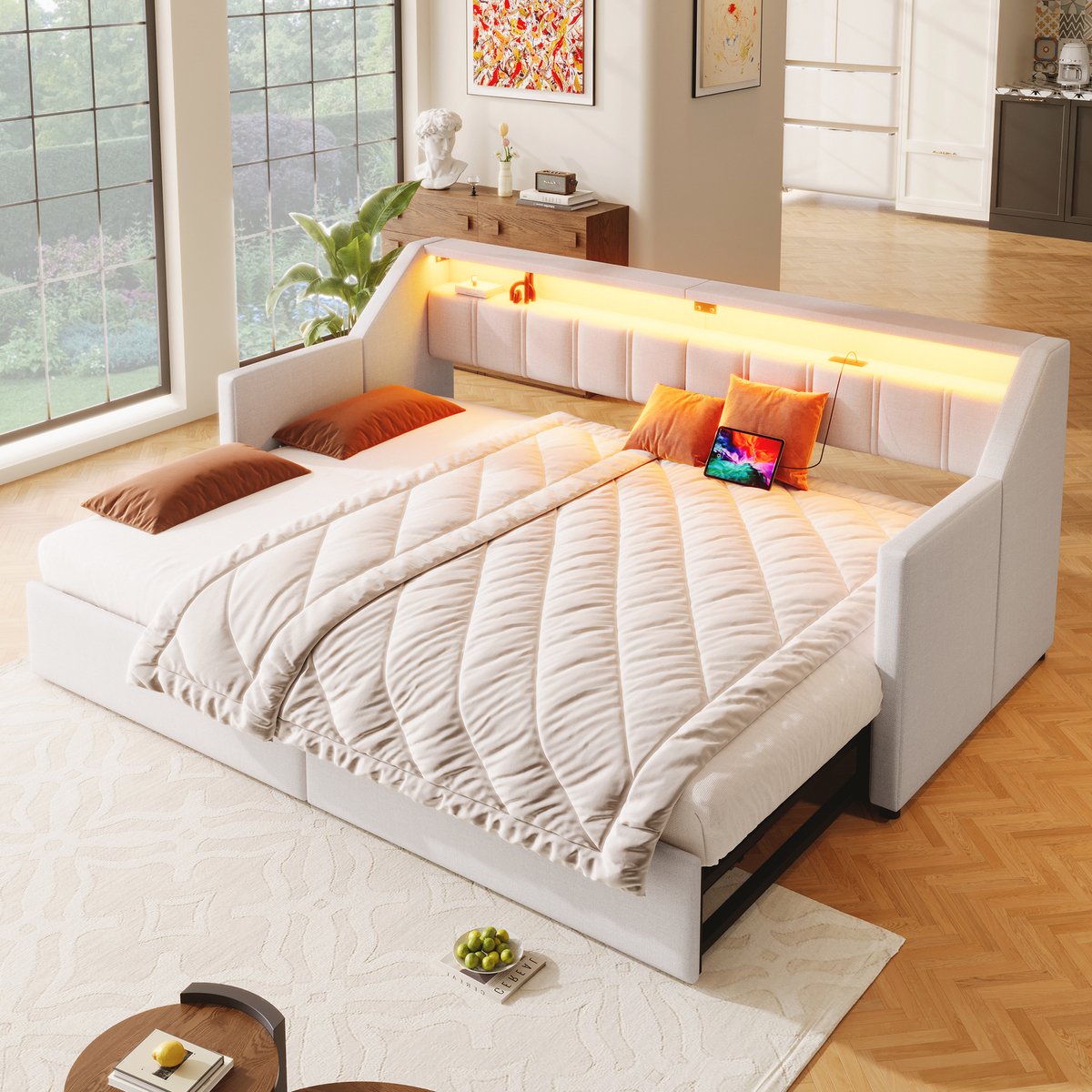 STILVORA Eenpersoonsbed 90x200cm - Met USB en Type-C en LED Sfeerverlichting - 2 Laden - Uittrekbaar Tot 180x200 - Linnen;MDF - Beige - Zonder matras
