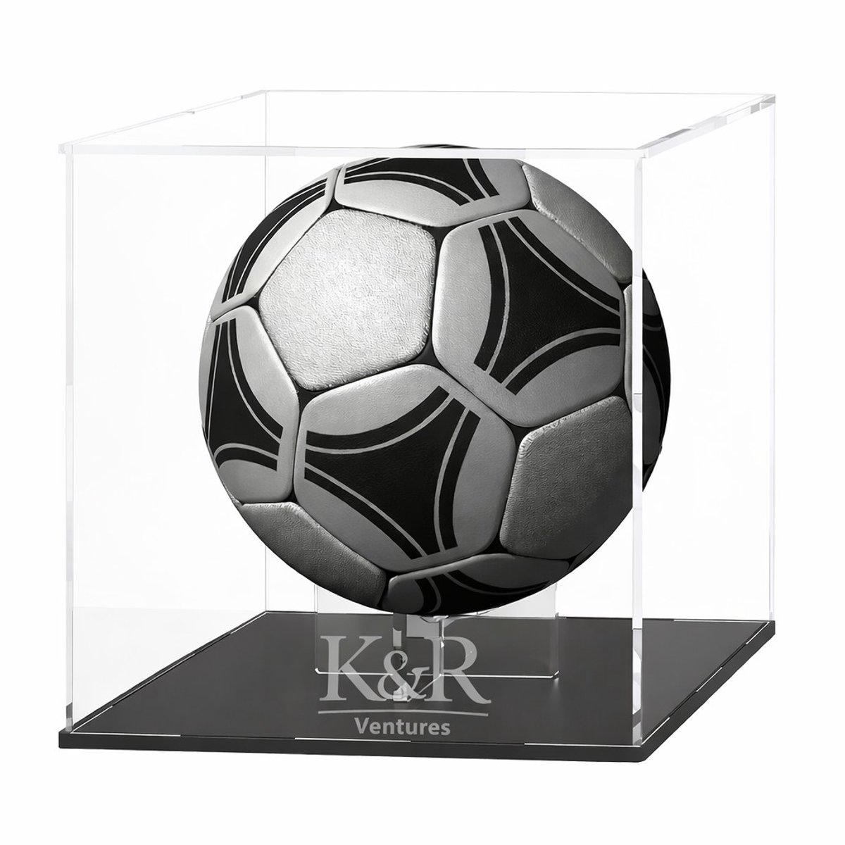 K&R Ventures® Acryl Display Box voor Voetbal – Transparant & Zwart – 25,4x25,4x25,4 cm – Verticale Plaatstandaard – Stofdichte Vitrine voor voetbal, volleybal, basketbal, verzamelballen, Sportballen