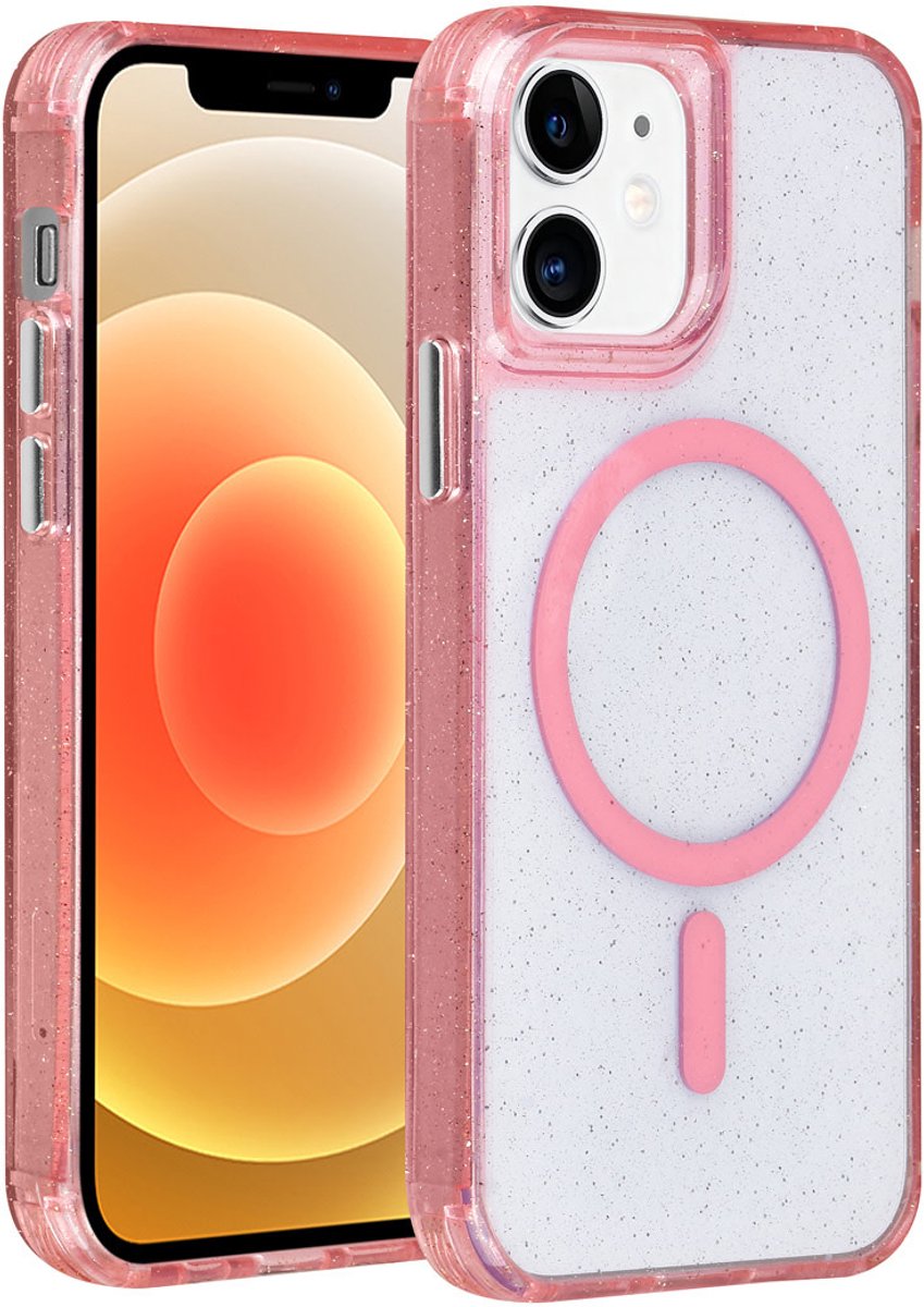 TUNIQ telefoonhoesje voor Apple iPhone 12 - MagSafe met glitter en koord - Roze