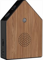Vogelhuisje met geluid in houtdesign, zwart met eikenprint. Met sensor, knoppen en volumeregelaar.