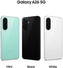 Galaxy A26 5G in mintgroen, zwart en wit.