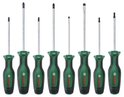 Acht Bosch schroevendraaiers met groene handvatten met PH1, PH2, PZ1, PZ2, SL4, SL6.5, T20, T25 markeringen.