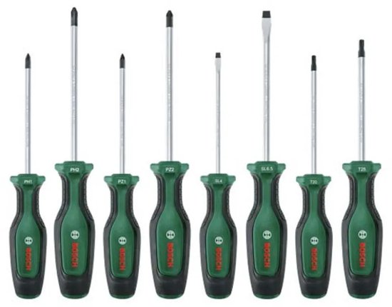 Acht Bosch schroevendraaiers met groene handvatten met PH1, PH2, PZ1, PZ2, SL4, SL6.5, T20, T25 markeringen.